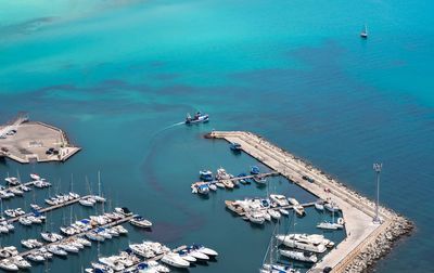 High angle view of boats sailing in sea