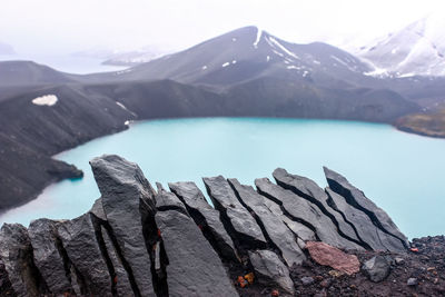 Scenic view of lake and mountains against sky