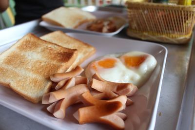 High angle view of breakfast served on table