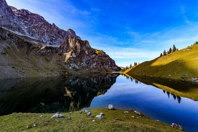 Scenic view of lake and mountains against sky