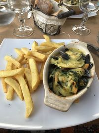 High angle view of food in plate on table