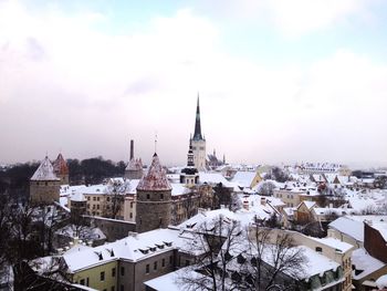 High angle view of town against sky in winter