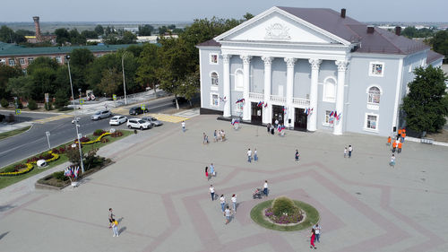 High angle view of people on street in city