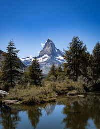 Scenic view of snowcapped mountains against clear blue sky