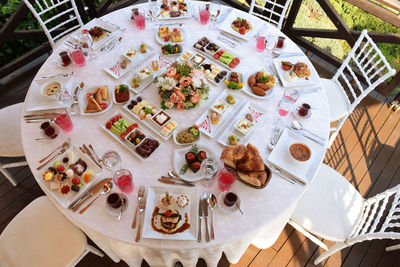 High angle view of cake served on table in restaurant