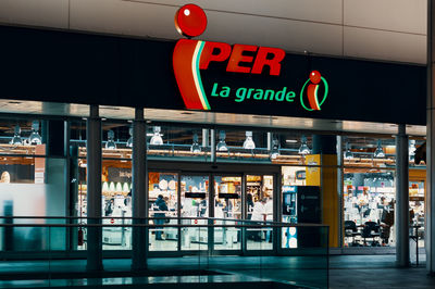 Information sign in illuminated restaurant