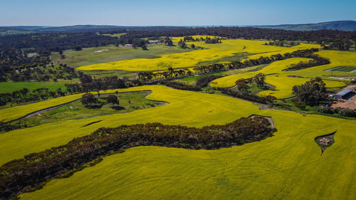 High angle view of field against sky
