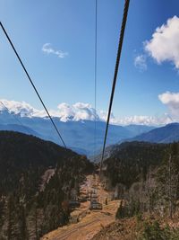 Overhead cable car over mountains against blue sky