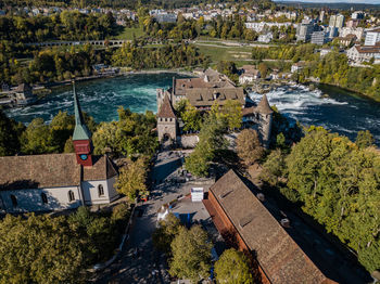 High angle view of houses in town