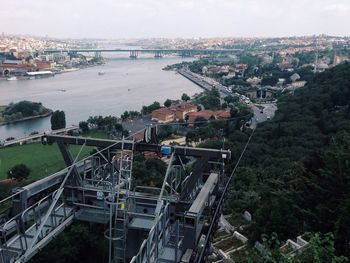 Overhead cable car by river in city against sky