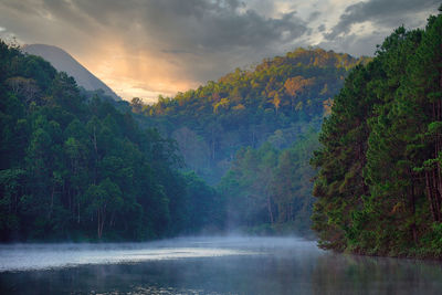 Scenic view of waterfall against sky