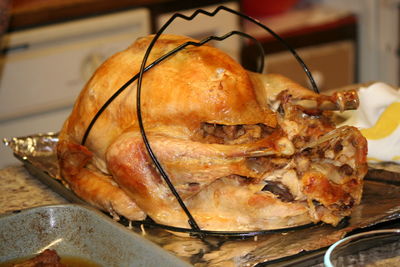 Close-up of roasted meat in plate