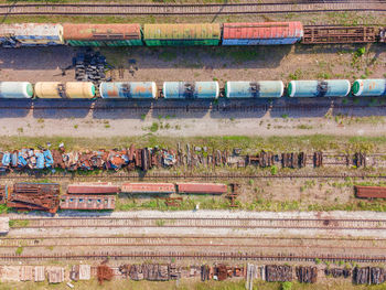 High angle view of train by railroad tracks