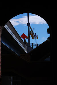 Low angle view of flag in city against sky