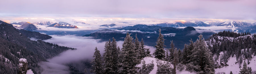 Scenic view of snowcapped mountains against sky during sunset