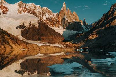 Scenic view of lake and snowcapped mountains