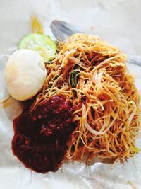 High angle view of food served in plate