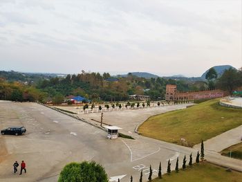 High angle view of city street against sky