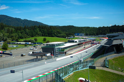 High angle view of buildings against sky