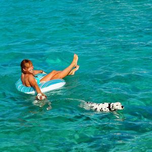 Woman playing with dogs in swimming pool