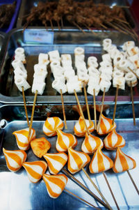 Sidoarjo-indonesia, may 2022. various forms of modern satay are sold at the city park of sidoarjo 