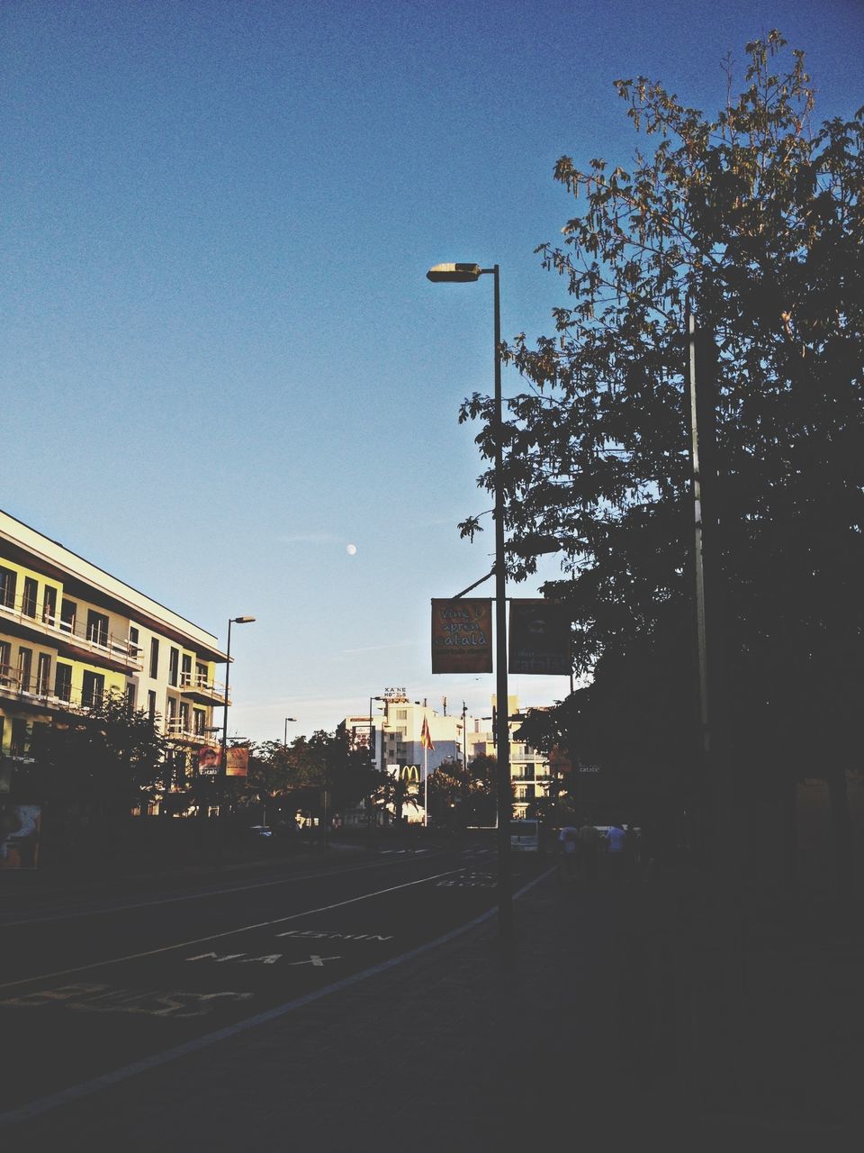 building exterior, architecture, built structure, clear sky, city, street light, tree, sky, building, street, blue, residential building, city life, low angle view, residential structure, outdoors, copy space, sunlight, incidental people, day