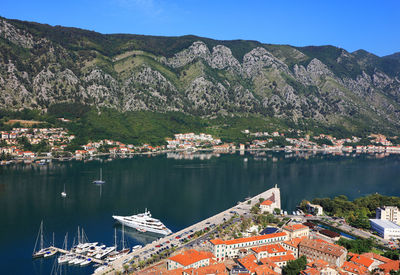 Aerial view of river and mountains against clear sky