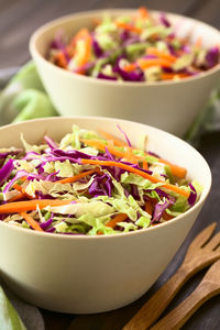 High angle view of salad in bowl on table