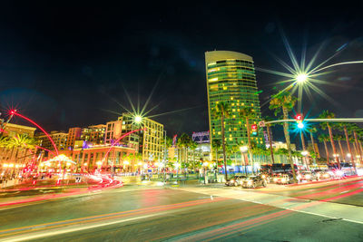 Light trails on road at night