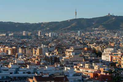 Aerial view of city against clear sky