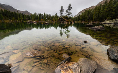 Scenic view of lake by mountain against sky