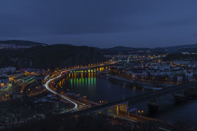 High angle view of illuminated city at night