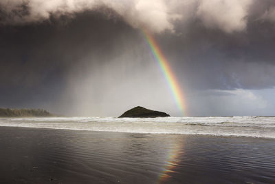 A rainbow appears over long beach near tofino