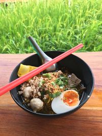 High angle view of food in bowl on table