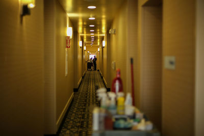 Illuminated corridor of hotel