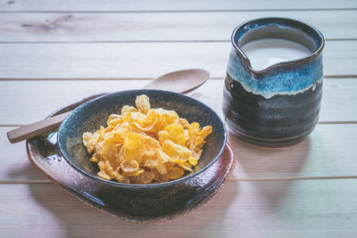 High angle view of breakfast served on table