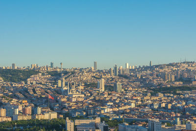 High angle view of buildings in city against clear sky