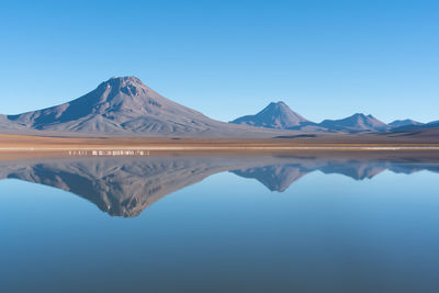 Scenic view of lake and mountains against clear blue sky