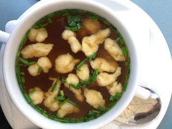 High angle view of soup in bowl on table