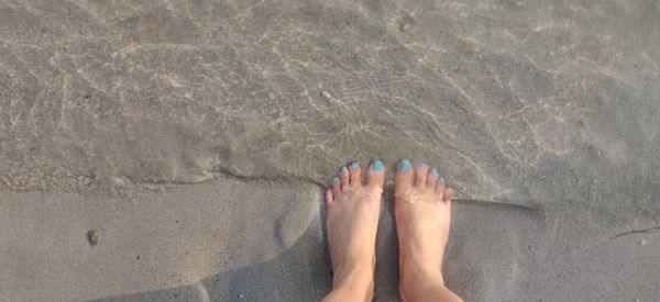 Low section of woman standing at beach