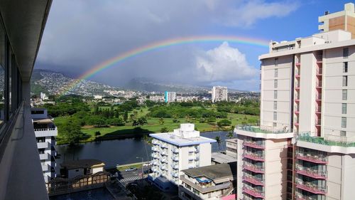 Rainbow over buildings in city against sky