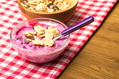 Close-up of breakfast served on table