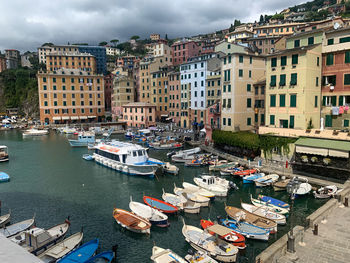 High angle view of sea amidst buildings in city