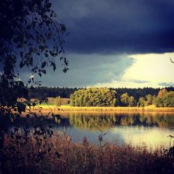 Scenic view of lake against cloudy sky