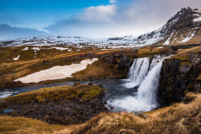 The kirkjufell mountain and the kirkjufellfoss waterfall in iceland