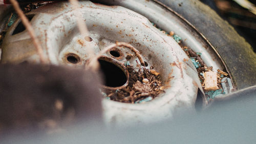 High angle view of rusty machine part