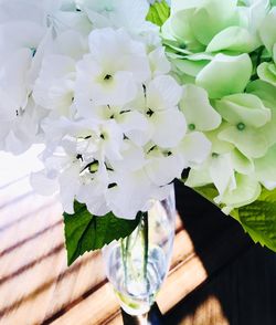 Close-up of white rose flower vase on table