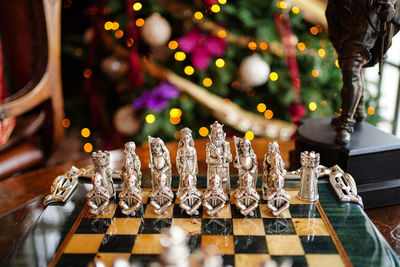High angle view of chess pieces on table