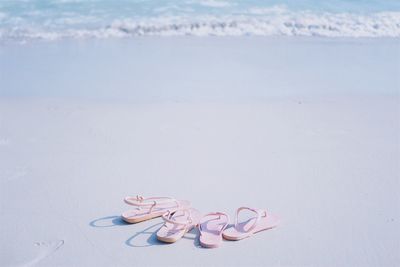 High angle view of flip-flops on shore at beach