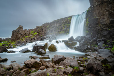 Oxararfoss waterfall in dingvellir, iceland. long exposure of a beautiful icelandic waterfall.